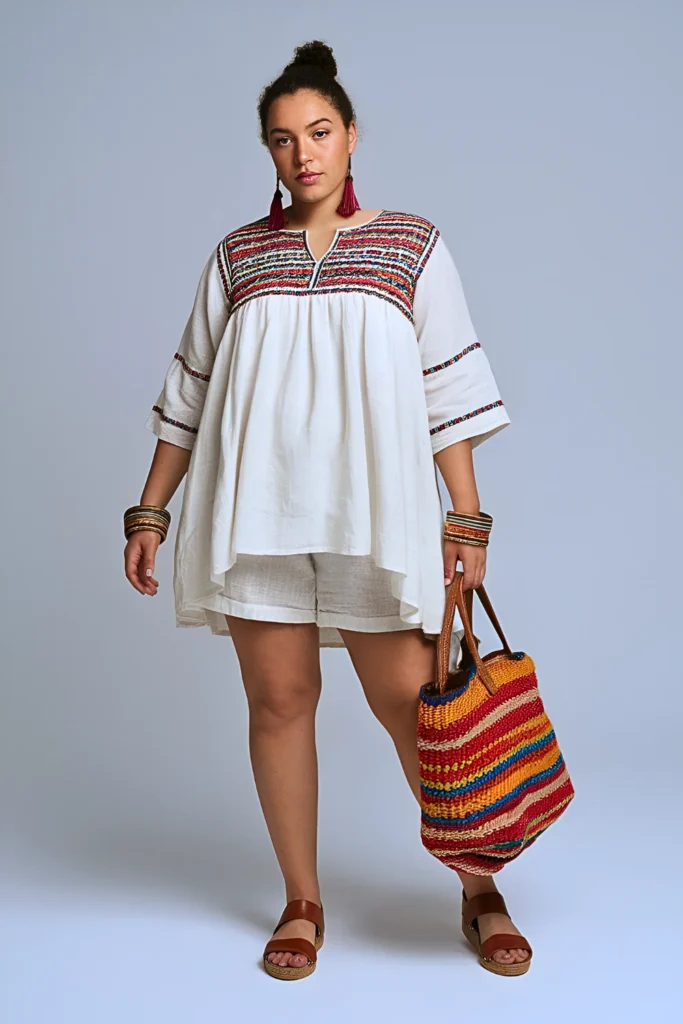 Plus Size Embroidered Mexican Huipil Tunic Summer Outfits