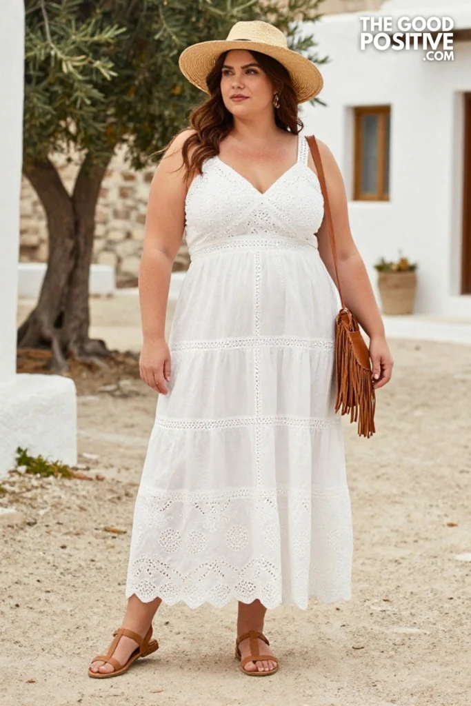 Plus Size Eyelet Cotton Maxi Dress With Flat Leather Sandals Outfit