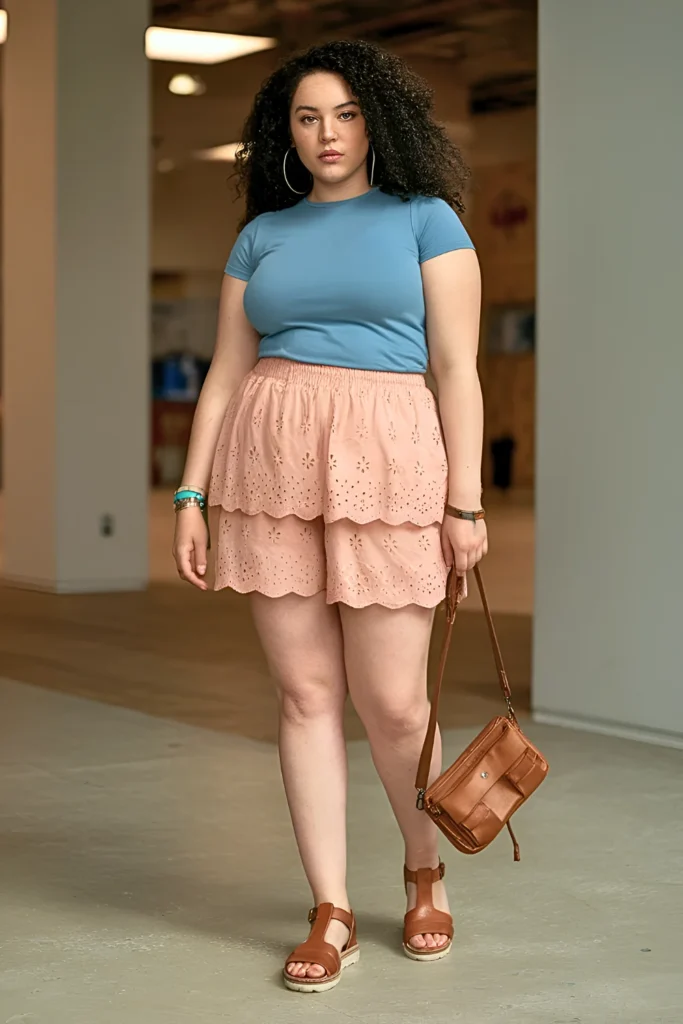 Plus Size Eyelet Overlay Shorts Summer Outfit