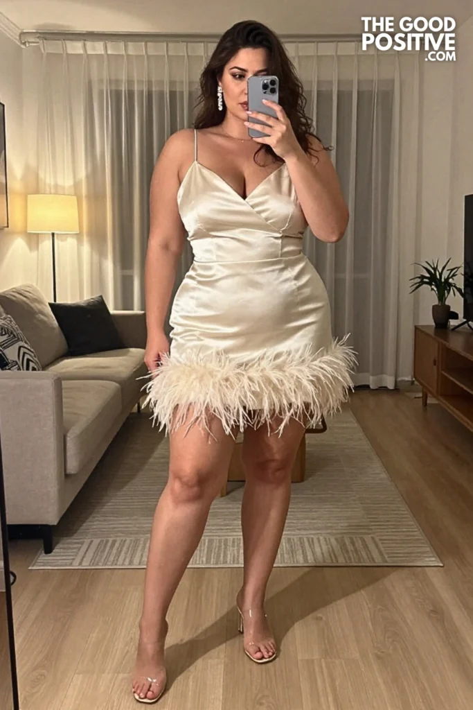 Plus Size Feather-Trim Satin Mini Dress With Clear Heels Outfit