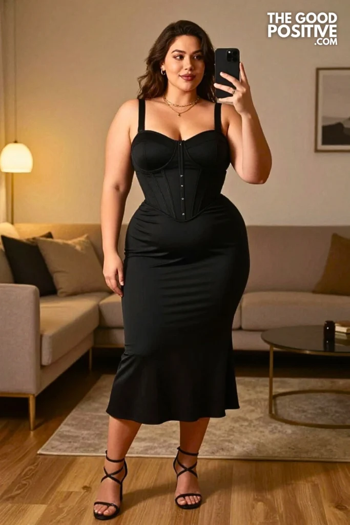Plus Size Fitted Corset Top With High-Waisted Flared Skirt Outfit