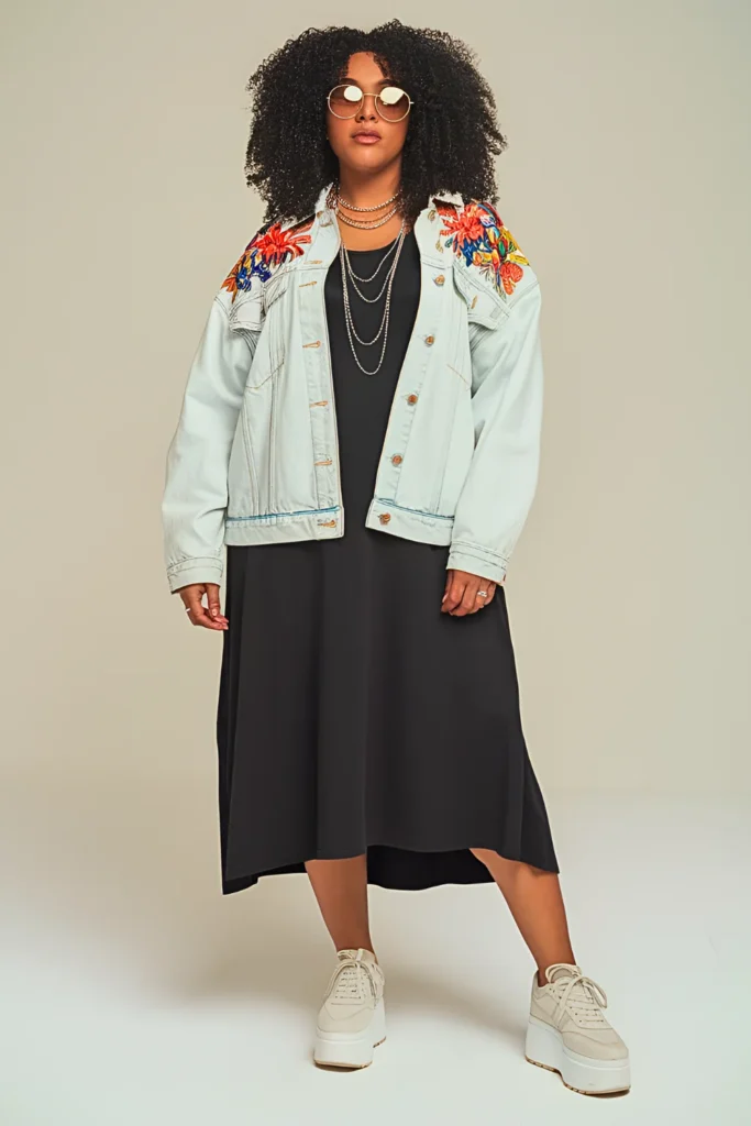 Plus Size Floral Embroidered Denim Jacket Summer Outfit