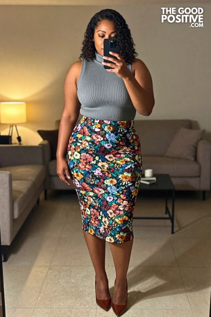 Plus Size Floral Jacquard Fitted Pencil Skirt With Sleeveless Turtleneck Outfit