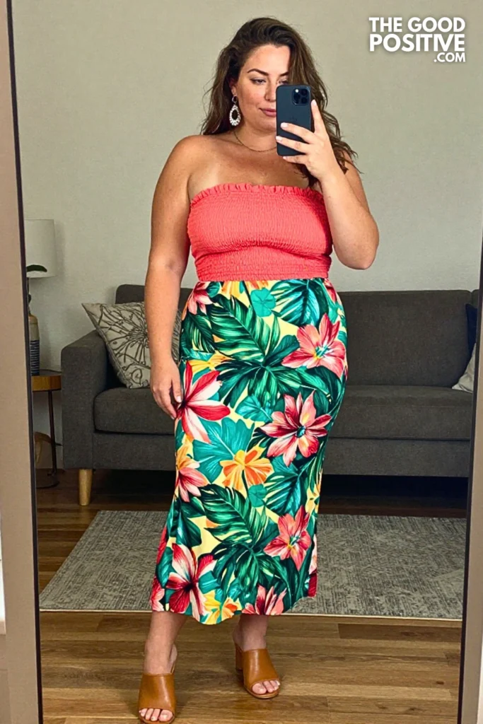 Plus Size Floral Maxi Skirt With Fitted Smocked Tube Top Outfit