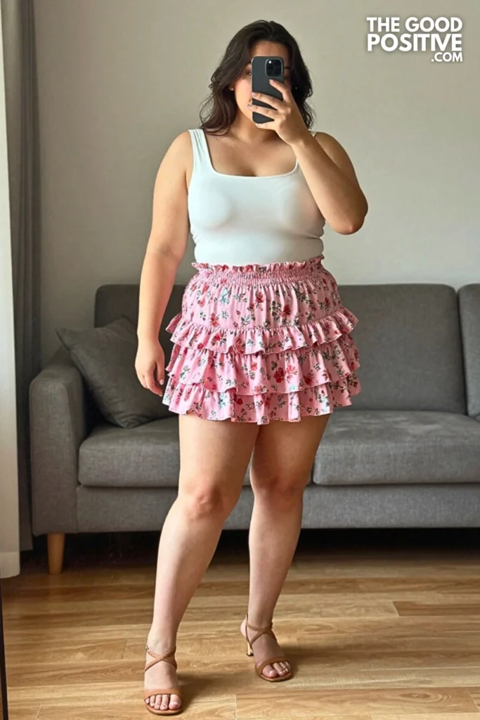 Plus Size Floral Ruffle Hem Mini Skirt Outfit