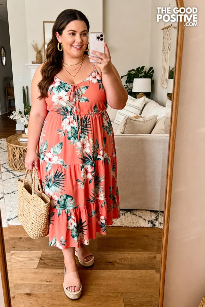 Plus Size Floral Tiered Sundress With Espadrille Wedges Outfit