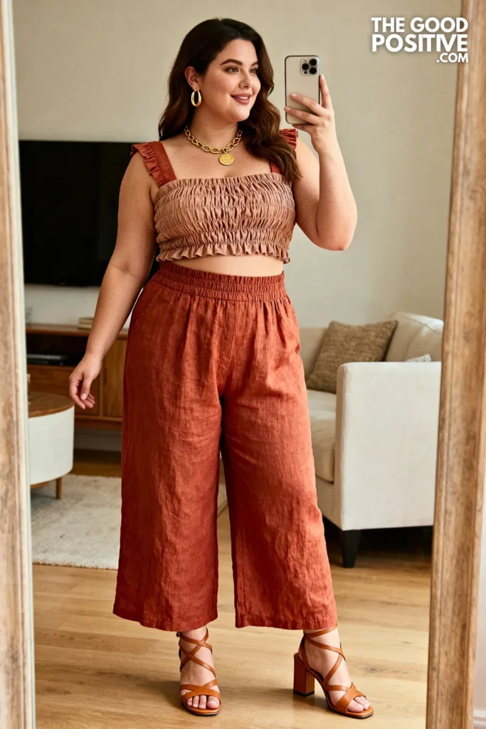 Plus Size Flowy Linen Wide-Leg Pants With Ruched Smocked Crop Top Outfit