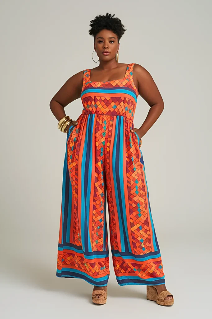 Plus Size Geometric Print Palazzo Jumpsuit Summer Outfit