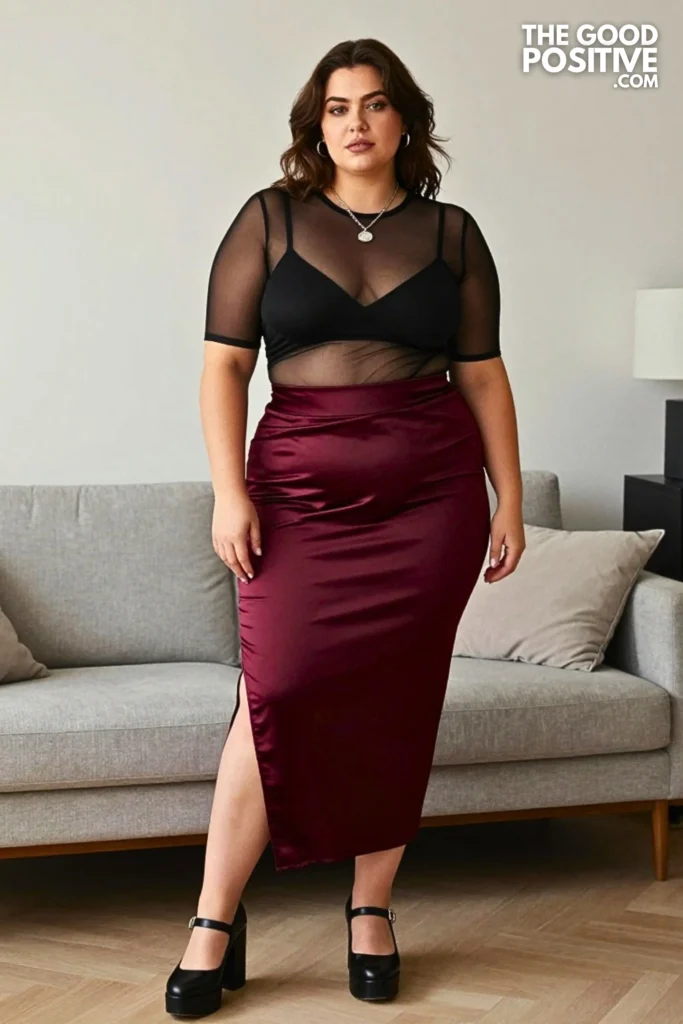 Plus Size Goth Summer Mesh Top With High-Waist Maxi Skirt Outfit