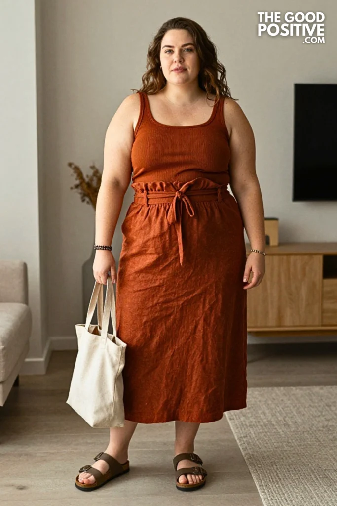 Plus Size Granola Girl Ribbed Tank With Linen Paperbag Skirt Outfit