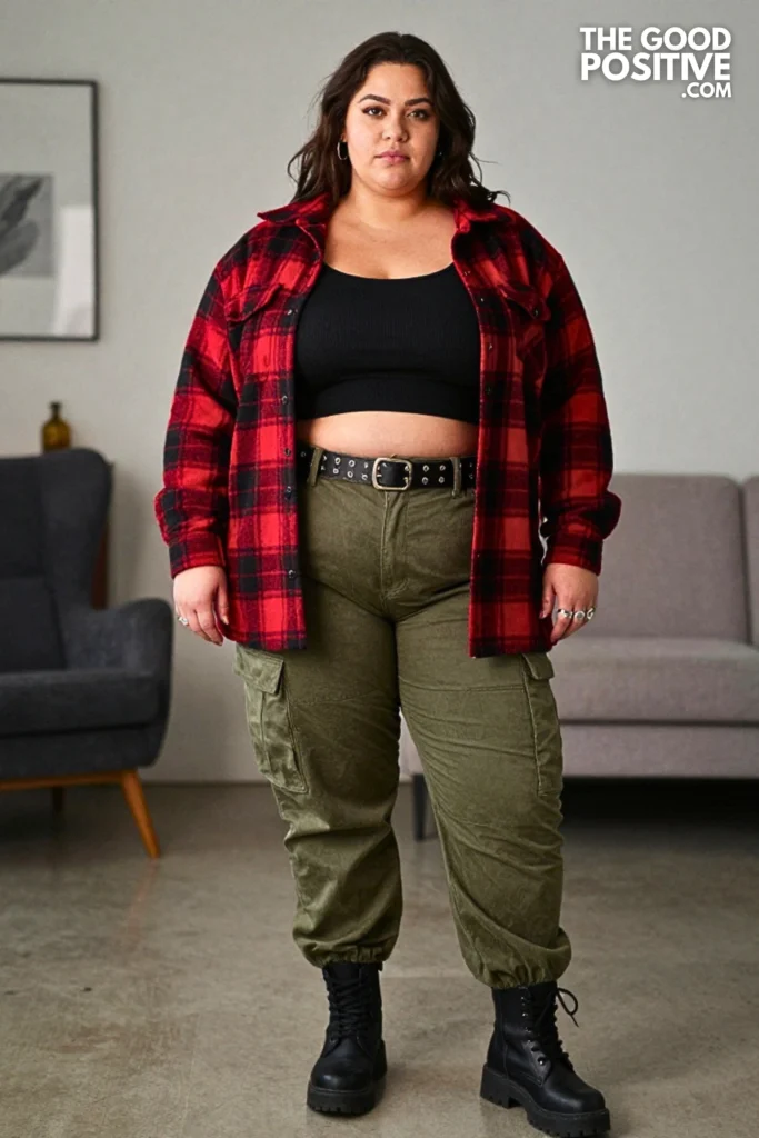 Plus Size Grunge Plaid Shacket With Cargo Pants Outfit
