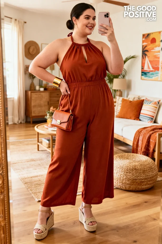 Plus Size Halter Neck Jumpsuit With Wedge Sandals Outfit