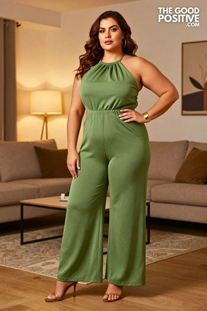 Plus Size Halter Neck Jumpsuit With Wide Legs And Cut-Out Detail Outfit