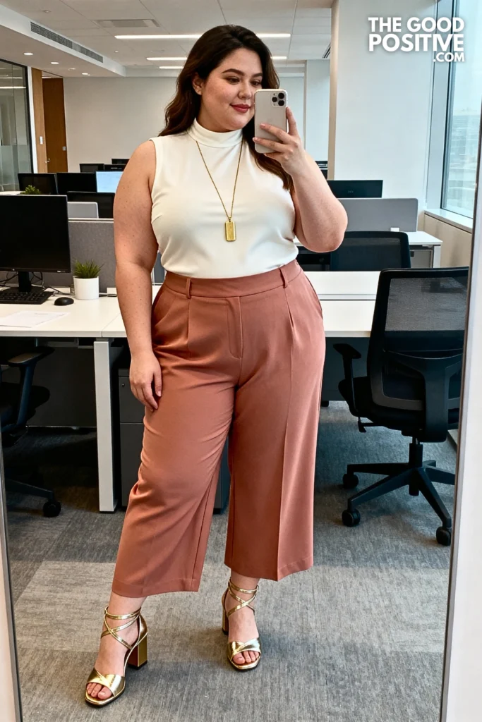 Plus Size High-Neck Sleeveless Shell Top With Tailored Culottes Outfit