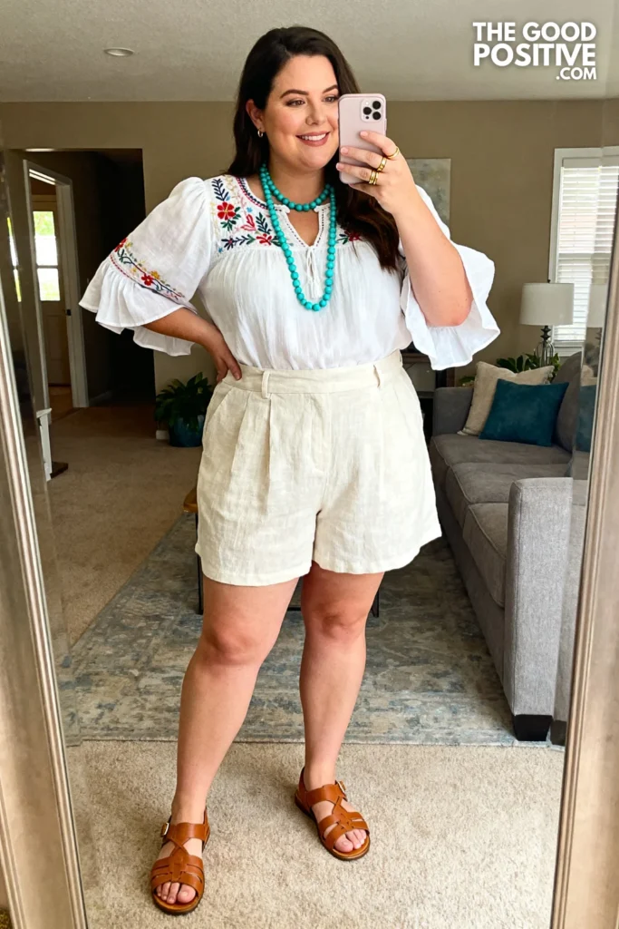 Plus Size High-Waist Linen Shorts With Embroidered Peasant Blouse Outfit