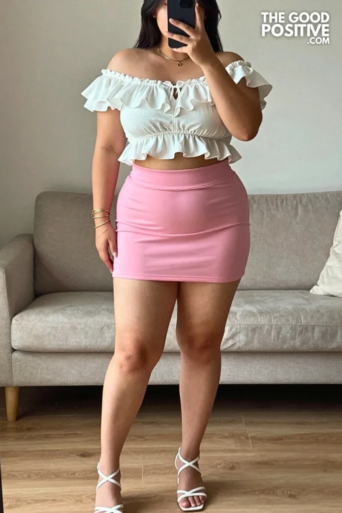 Plus Size Hot Pink Mini Skirt With White Off-Shoulder Ruffle Top Outfit