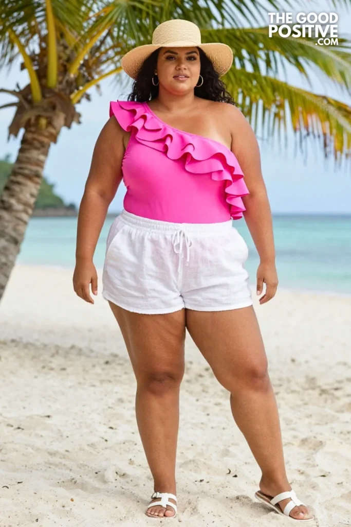 Plus Size Hot Pink One-Shoulder Ruffled Swimsuit With Linen Shorts Outfit
