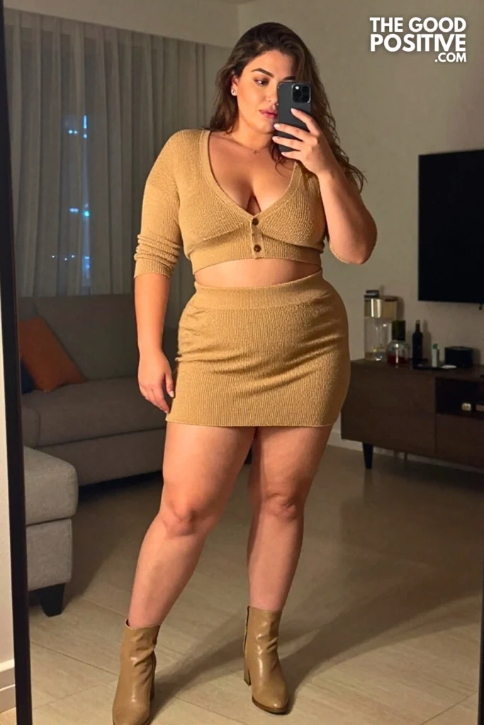 Plus Size Knit Co-Ord Set With Cropped Cardigan And Mini Skirt Outfit