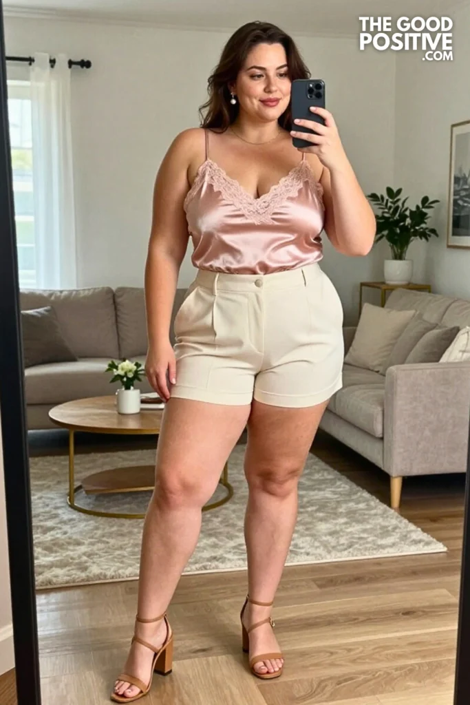 Plus Size Lace Trim Cami Top and Tailored Shorts Outfit