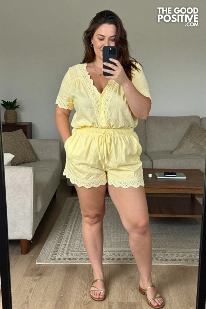 Plus Size Lace-Trim Shorts With Matching Lace-Trim Blouse Outfit