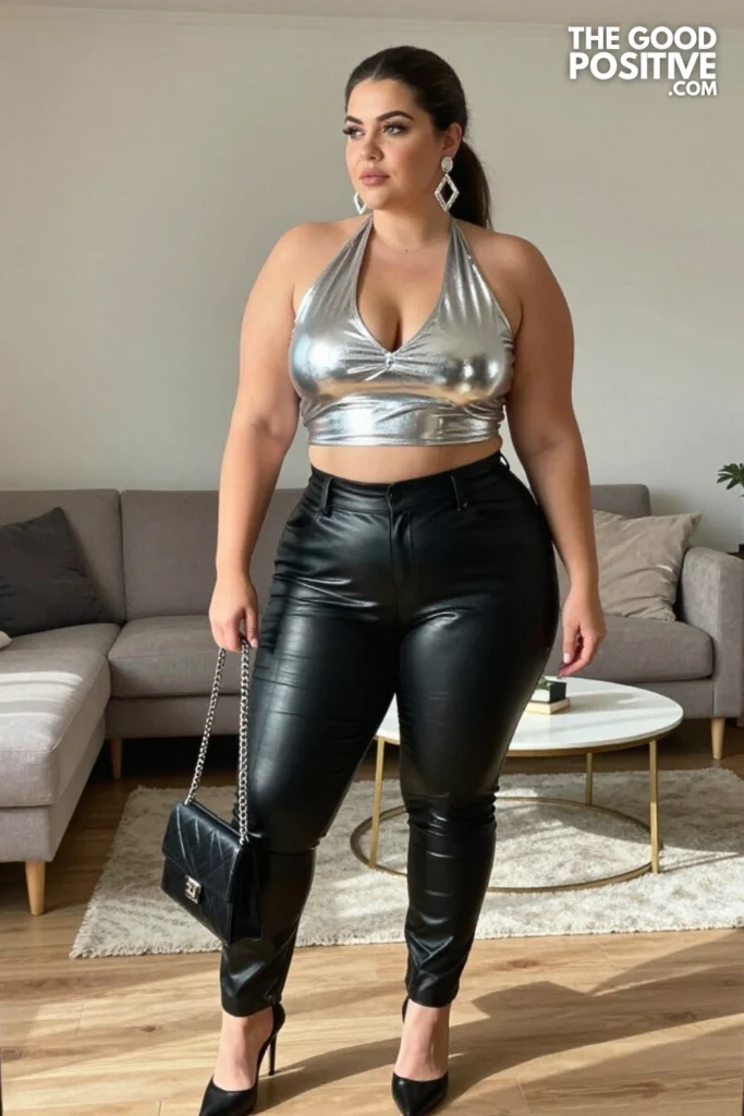 Plus Size Leather Pants With Halter Crop Top Club Outfit