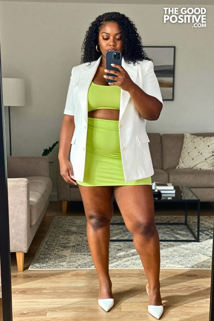 Plus Size Lime Green Mini Skirt With White Cropped Blazer Outfit