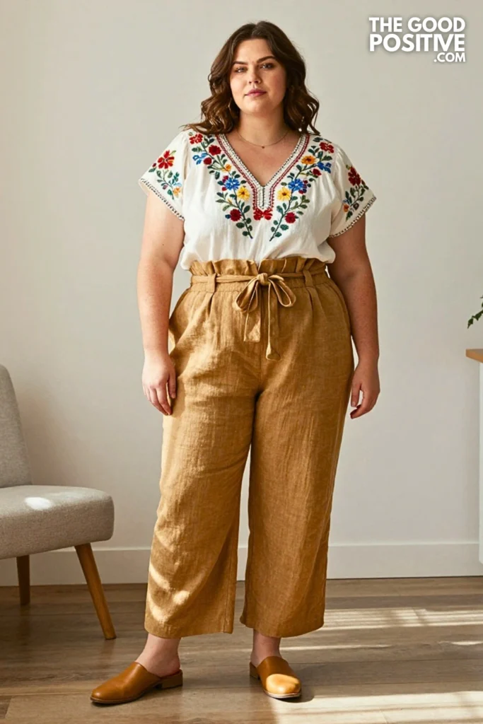 Plus Size Linen-Blend Paperbag Waist Trousers and Embroidered Blouse Outfit