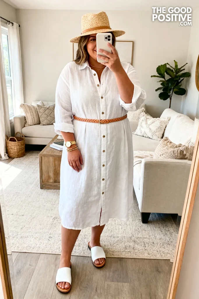 Plus Size Linen Button-Down Shirt Dress With Rolled Sleeves Outfit