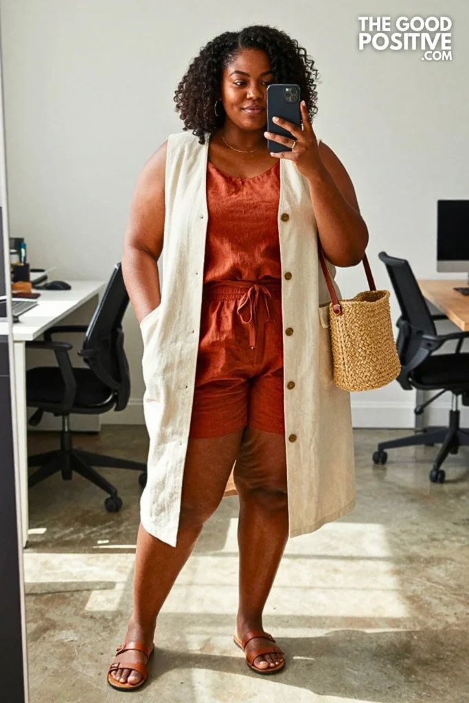 Plus Size Linen Co-Ord Set With Longline Vest Outfit