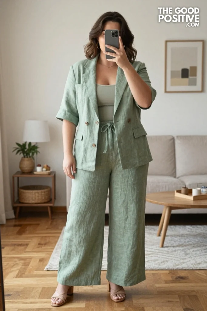 Plus Size Linen Co-Ord Set With Wide-Leg Pants and Cropped Blazer Outfit