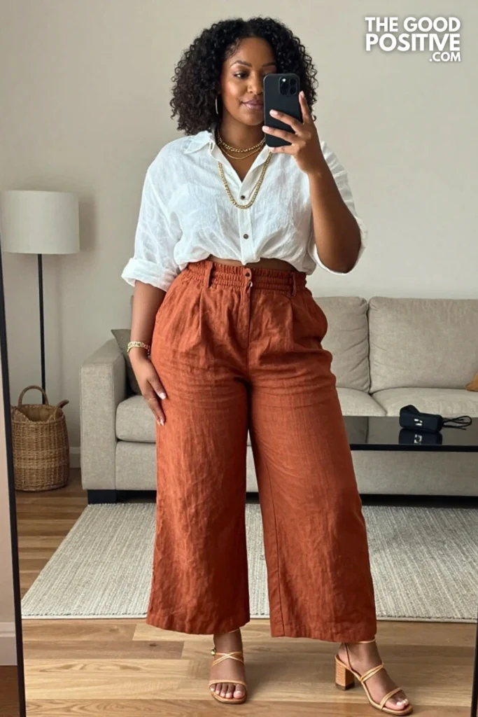 Plus Size Linen Wide-Leg Pants With Cropped Button-Down Shirt Outfit