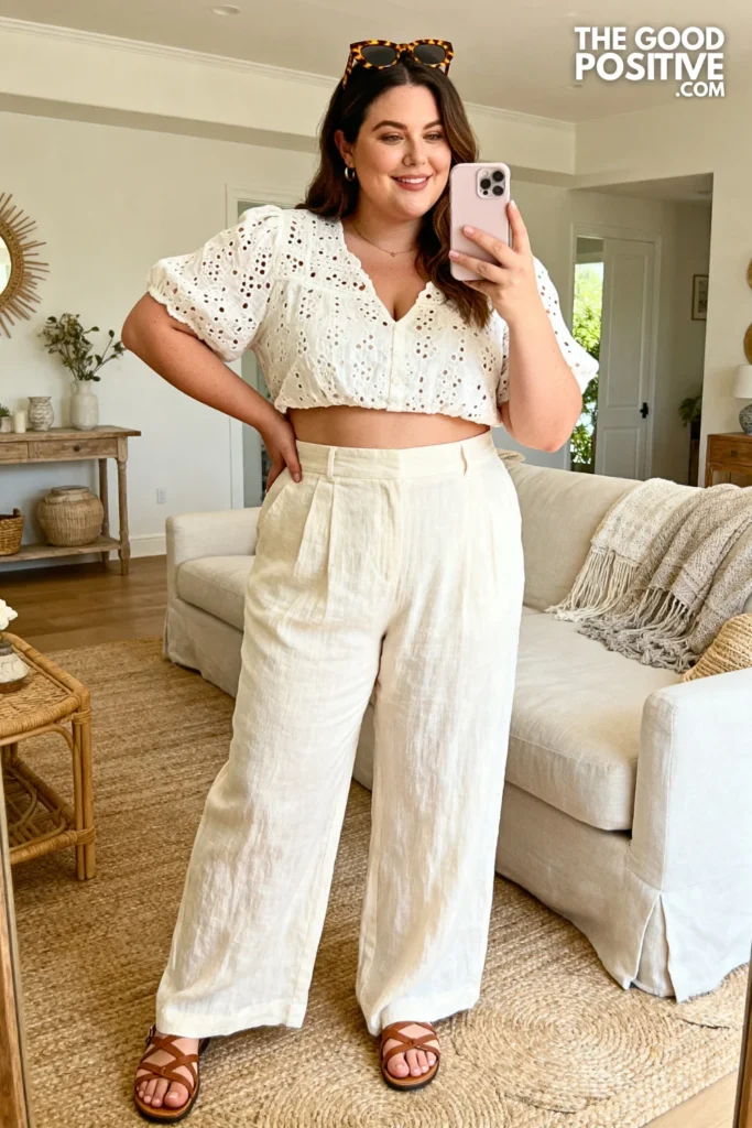 Plus Size Linen Wide-Leg Pants With Cropped Eyelet Top Outfit