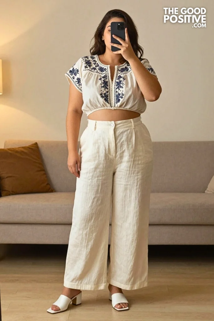 Plus Size Linen Wide-Leg Trouser With Embroidered Crop Blouse Outfit
