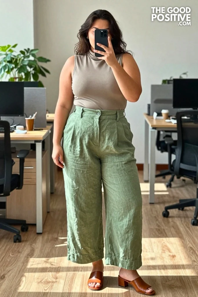 Plus Size Linen Wide-Leg Trouser and Sleeveless Turtleneck Top Outfit