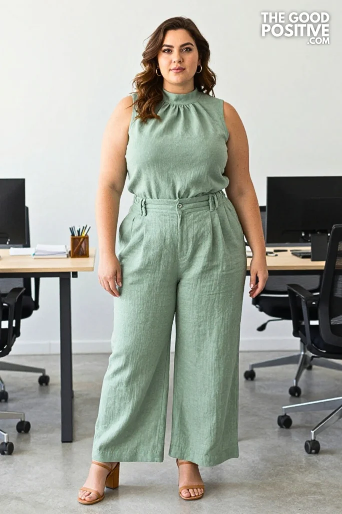 Plus Size Linen Wide-Leg Trousers With Fitted Sleeveless Turtleneck Blouse Outfit