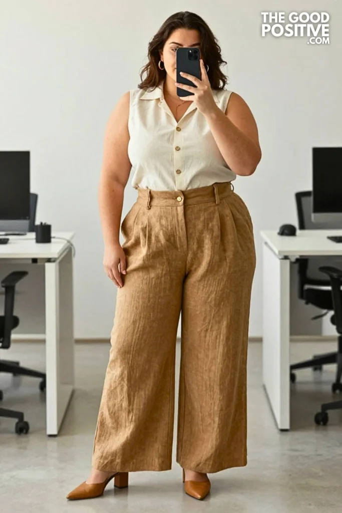 Plus Size Linen Wide-Leg Trousers With Sleeveless Structured Blouse Outfit
