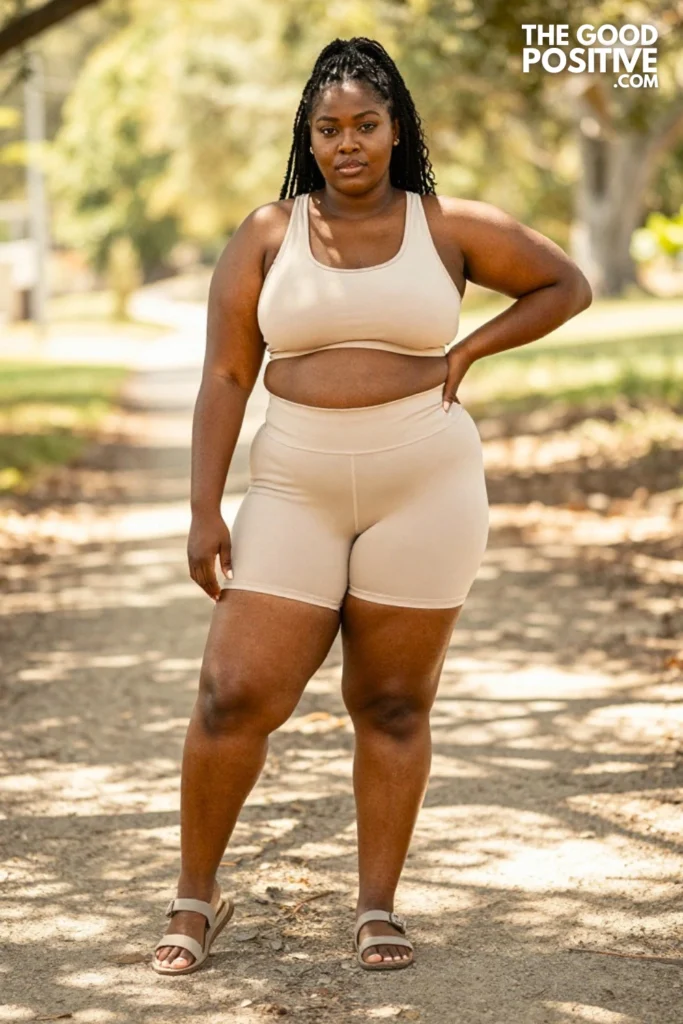 Plus Size Longline Sports Bra & High-Waist Bermuda Athletic Shorts Outfit