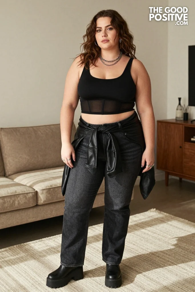 Plus Size Mesh Insert Crop Top With Jeans Streetwear Outfit