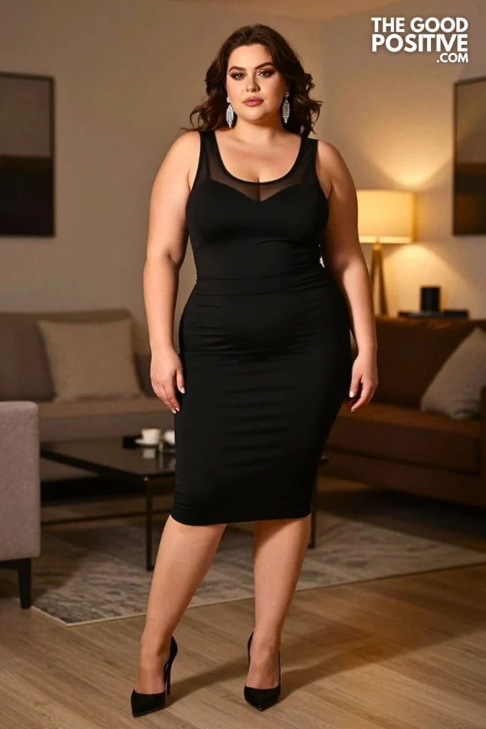 Plus Size Mesh Overlay Sleeveless Dress With Slip Lining Outfit