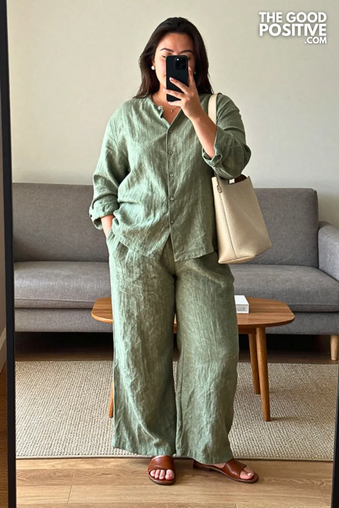 Plus Size Modest Breathable Linen Co-Ord Set With Wide Pants Outfit