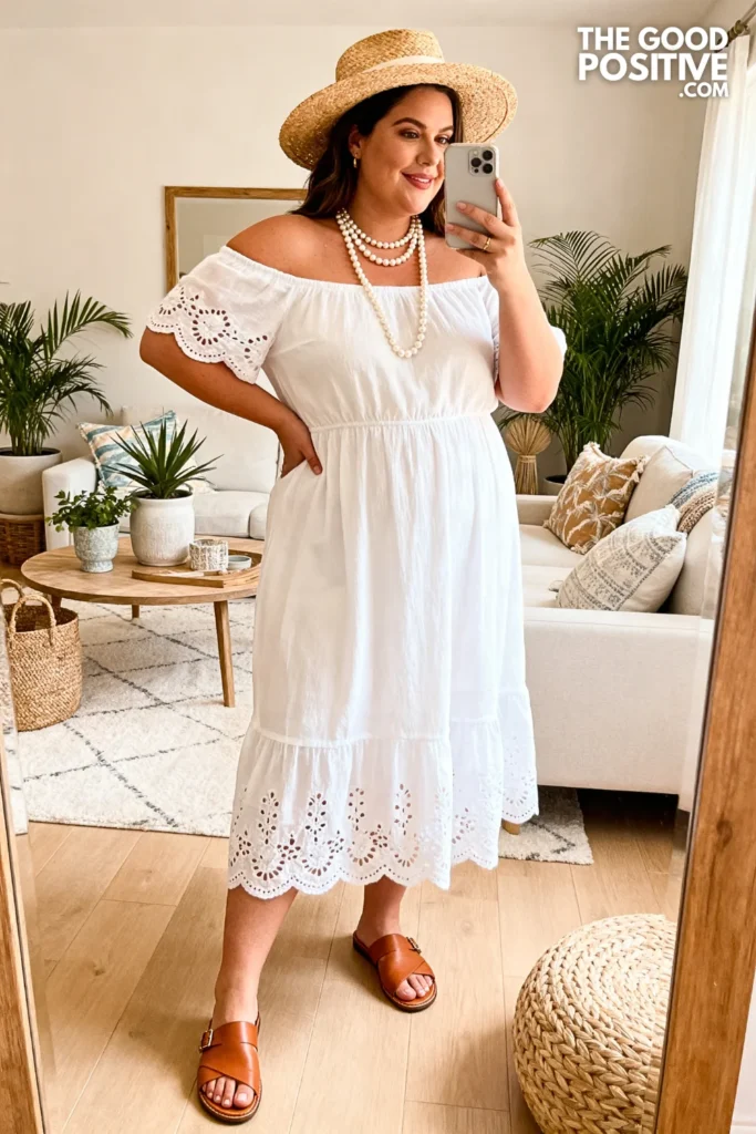 Plus Size Off-Shoulder Broderie Anglaise Dress With Flat Sandals Outfit