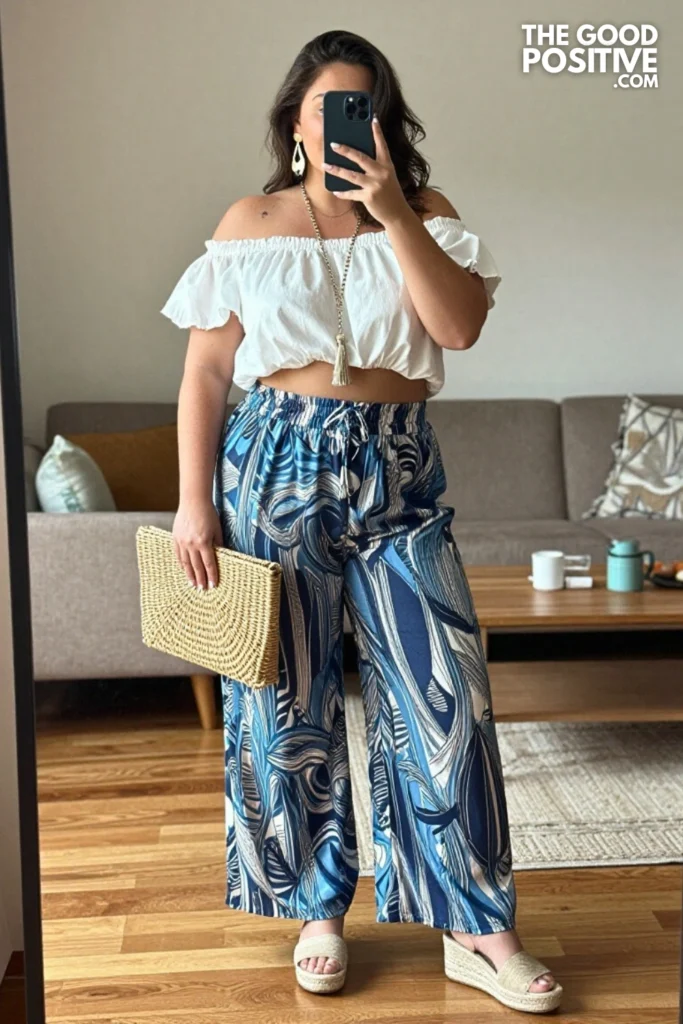 Plus Size Off-Shoulder Ruffled Crop Top With High-Waist Palazzo Pants Outfit