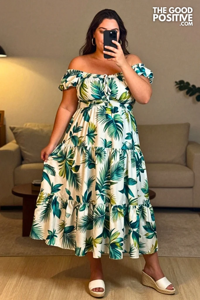 Plus Size Off-Shoulder Tiered Maxi Dress In Tropical Print Outfit