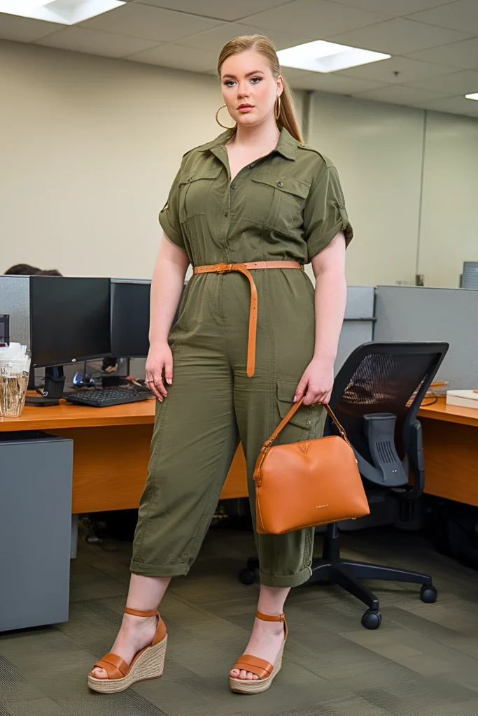 Plus Size Olive Green Utility Jumpsuit Professional Attire