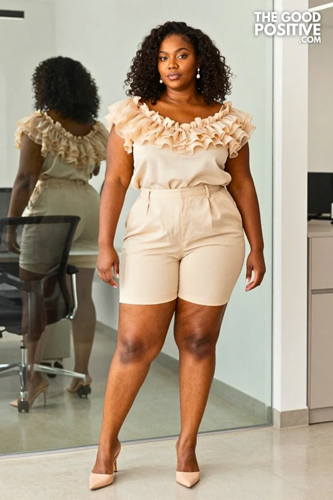 Plus Size Organza-Trim Blouse With Tailored Slim-Cut Bermuda Shorts Outfit