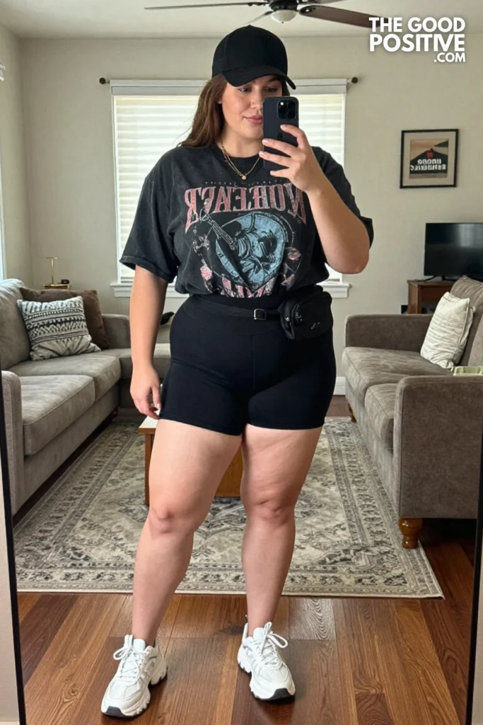 Plus Size Oversized Band Tee With Biker Shorts Streetwear Outfit