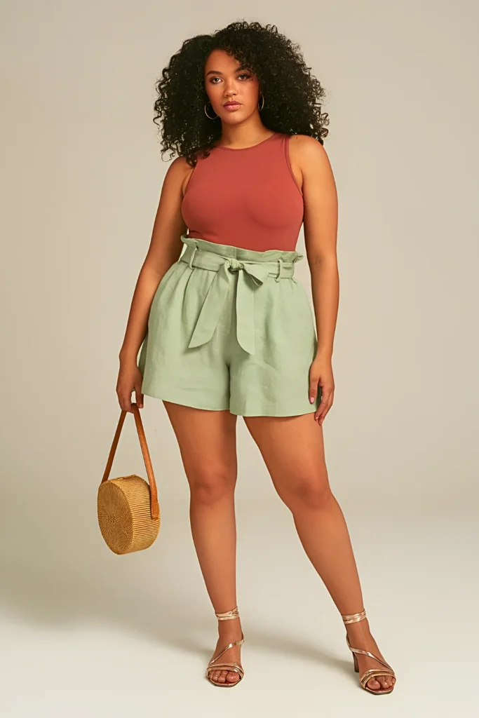 Plus Size Paperbag Waist Linen Shorts Summer Outfit