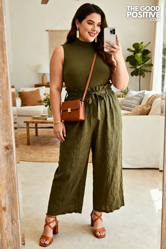 Plus Size Paperbag Waist Linen Trousers With Sleeveless Turtleneck Top Outfit