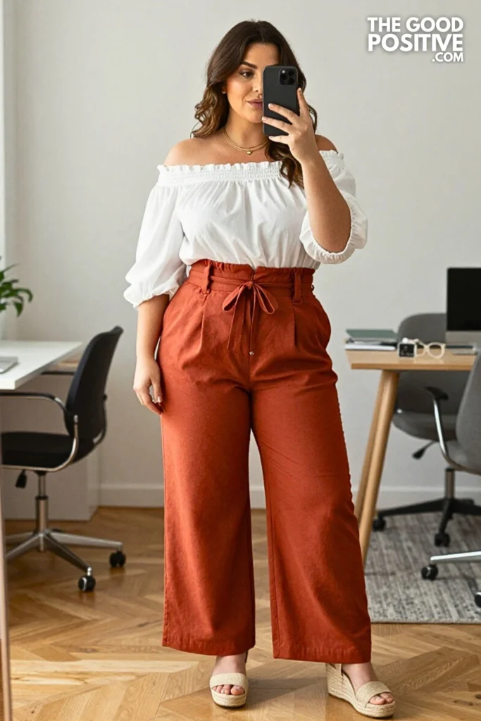 Plus Size Paperbag-Waist Trousers With Smocked Off-Shoulder Top Outfit