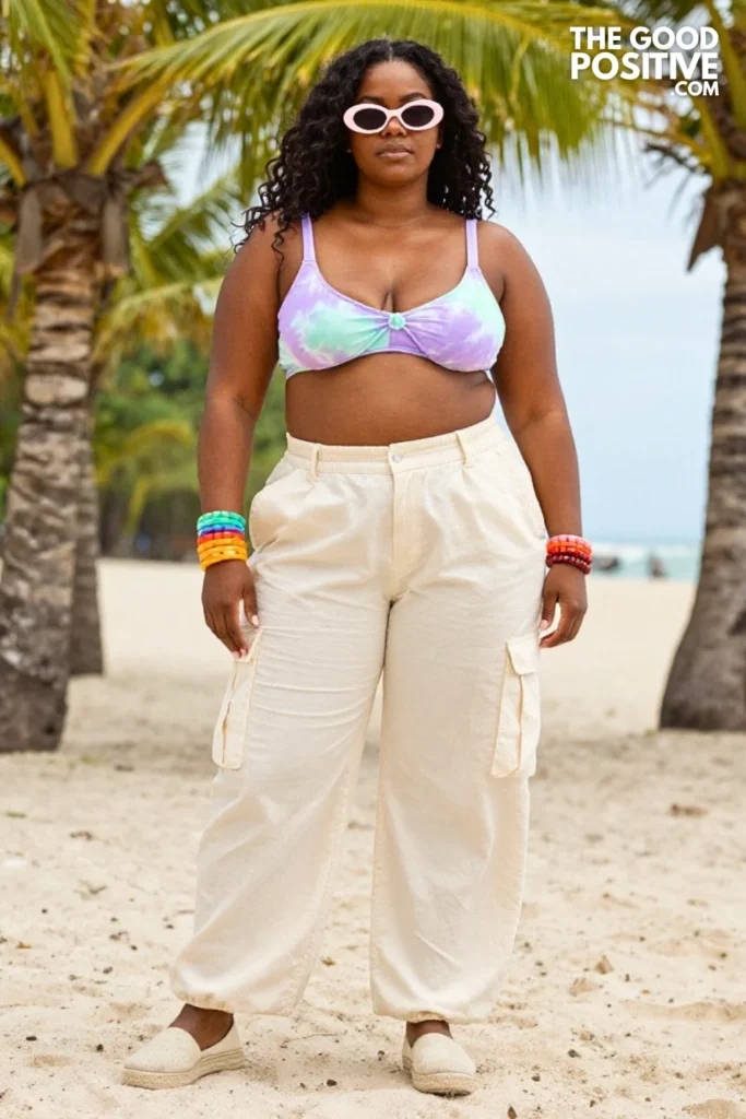 Plus Size Pastel Tie-Dye Bralette Top With High-Rise Cargo Beach Pants Outfit
